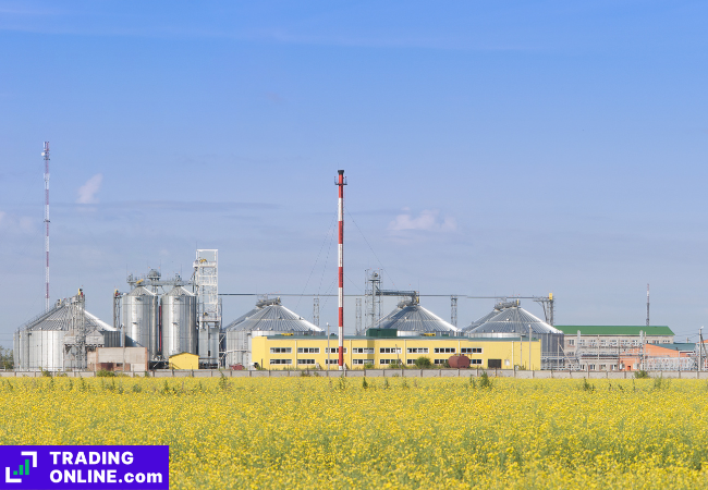 foto di un campo di colza e una raffioneria di biocarburanti