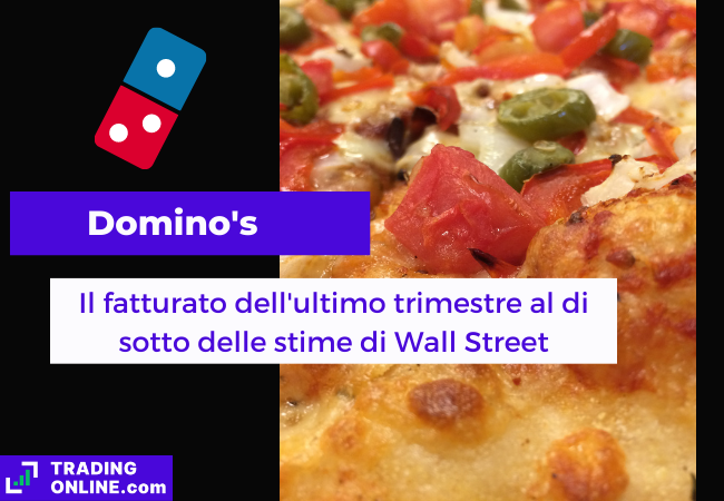 Immagine di copertina, "Domino's, Il fatturato dell'ultimo trimestre al di sotto delle stime di Wall Street", sfondo di una tipica pizza di Domino's.