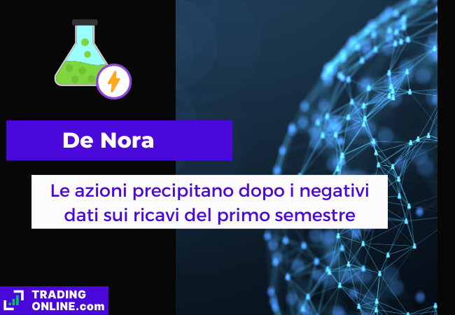 Immagine di copertina, "De Nora, Le azioni precipitano dopo i negativi dati sui ricavi del primo semestre", Nello sfondo un globo tecnologico.