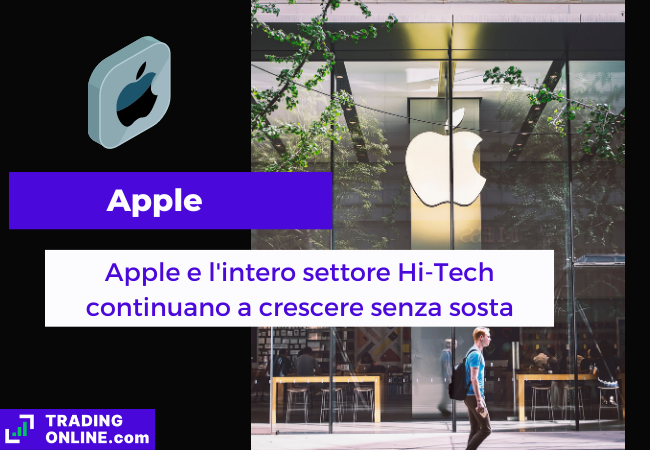 Immagine di copertina, "Apple, Apple e l'intero settore Hi-Tech continuano a crescere senza sosta", sfondo di un negozio Apple.