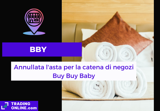 Immagine di copertina, "BBY, Annullata l'asta per la catena di negozi Buy Buy Baby", sfondo di alcuni articoli di negozio come coperte e cuscini.