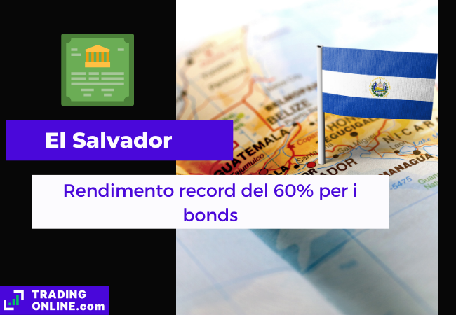 Immagine di copertina, "El Salvador, Rendimento record del 60% per i bonds", sfondo della mappa politica di El Salvador con la sua bandiera.
