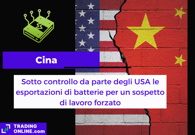 Immagine di copertina, "Cina, Sotto controllo da parte degli USA le esportazioni di batterie per un sospetto di lavoro forzato", sfondo della bandiera cinese e statunitense.