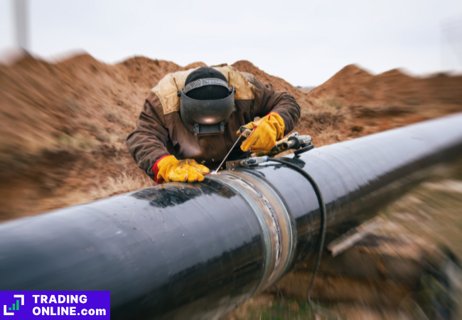 foto di un operaio che salda i tubi di un gasdotto