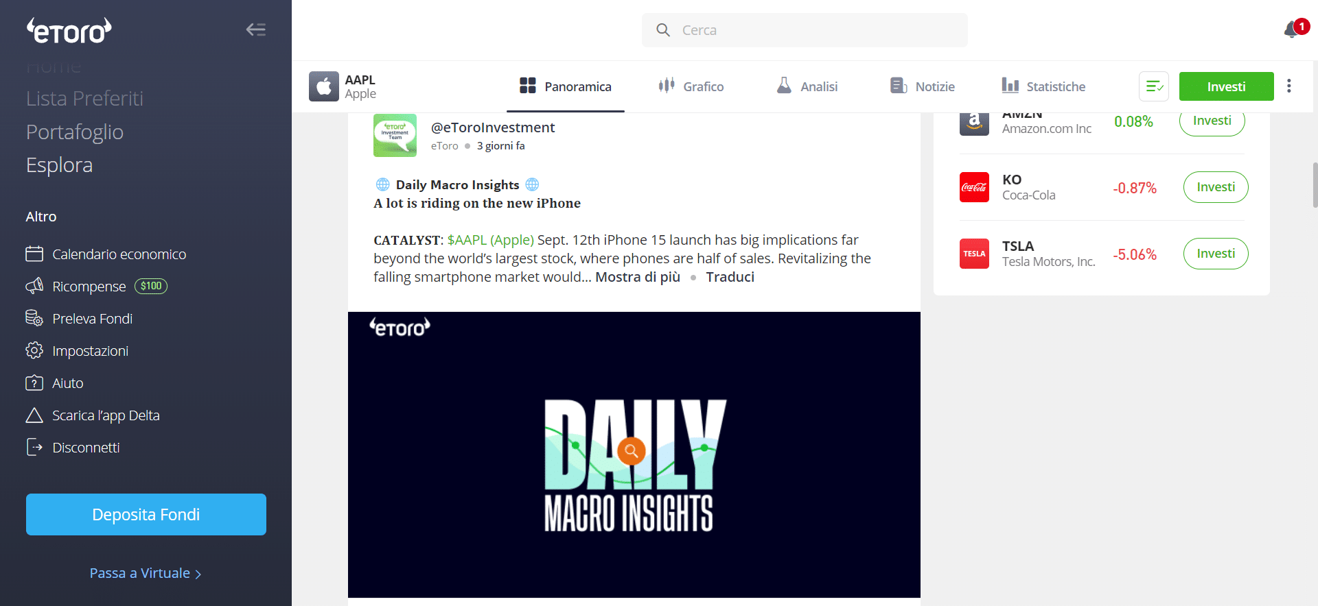 screenshot della sezione informativa di eToro