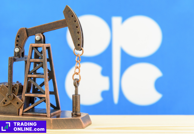 foto del logo OPEC con un pozzo di petrolio davanti