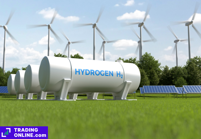 foto di un impianto di produzione di idrogeno verde con energia eolica e solare