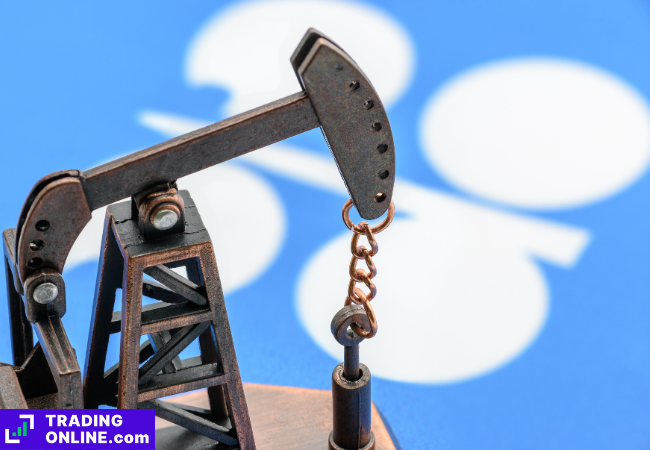 foto di un piccolo pozzo di petrolio davanti a una bandiera con logo dell'opec