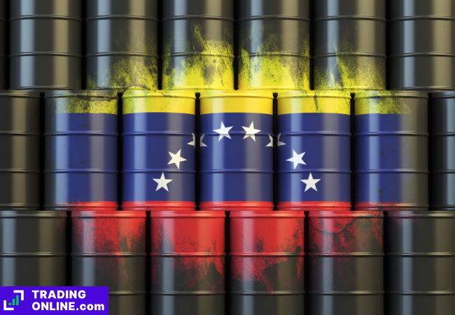 foto di barili di petrolio con la bandiera venezuelana