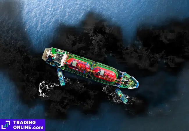 foto di una nave petroliera che perde petrolio