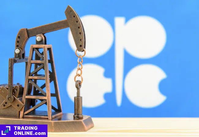 foto di un pozzo di petrolio davanti alla bandiera dell'OPEC