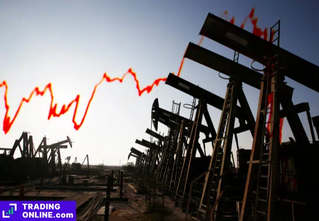 foto di pozzi di petrolio con un grafico del prezzo in aumento sullo sfondo