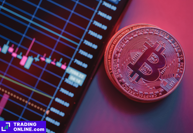 foto di una piattaforma di trading con una moneta di Bitcoin di fianco