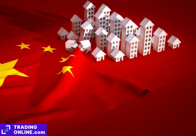 foto di una bandiera cinese con sopra alcune case