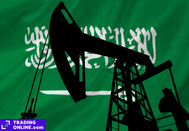 foto di un pozzo di petrolio in ombra con bandiera dell'Arabia Saudita