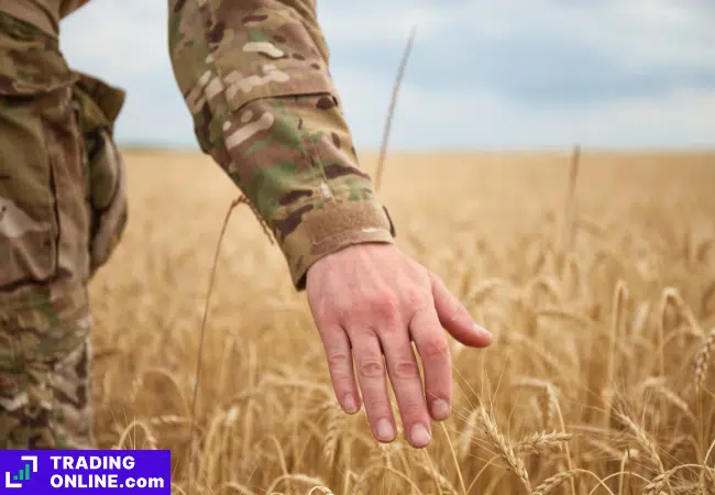 foto di un soldato ucraino che tocca un campo di grano