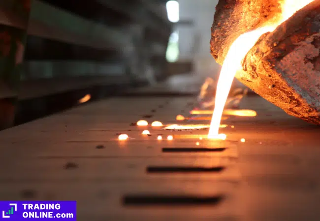 foto di una fornace di acciaio che versa il metallo fuso negli stampi