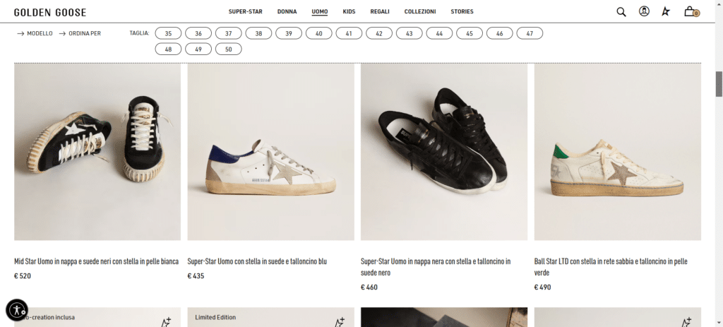 screenshot dell'e-commerce di Golden Goose