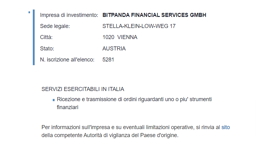 autorizzazione Consob di Bitpanda