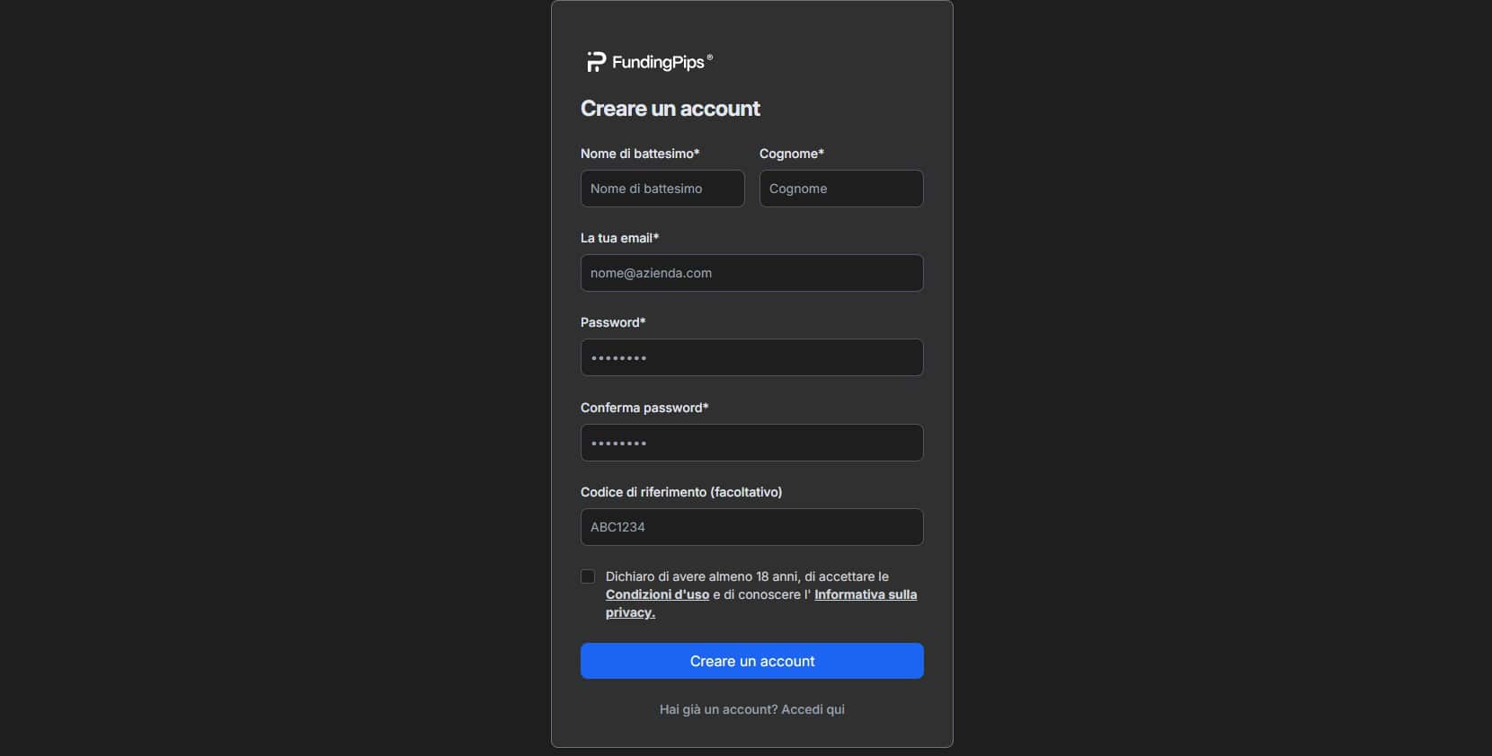 Funding Pips - registrazione e login
