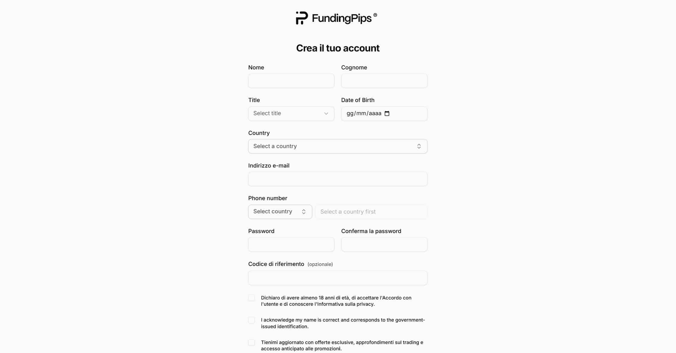 FundingPips - Registrazione e login