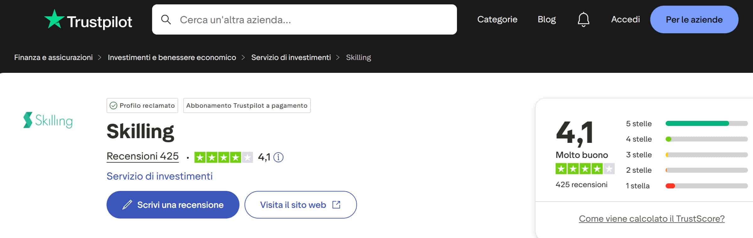 Skilling su TrustPilot - recensioni positive e negative