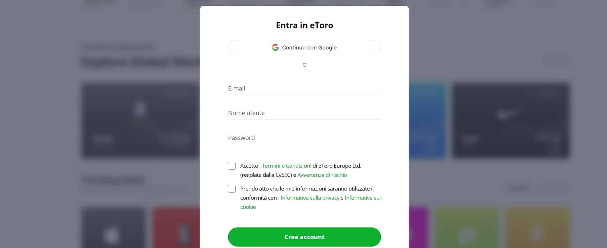 Iscrizione su eToro per comprare azioni prima del dividendo