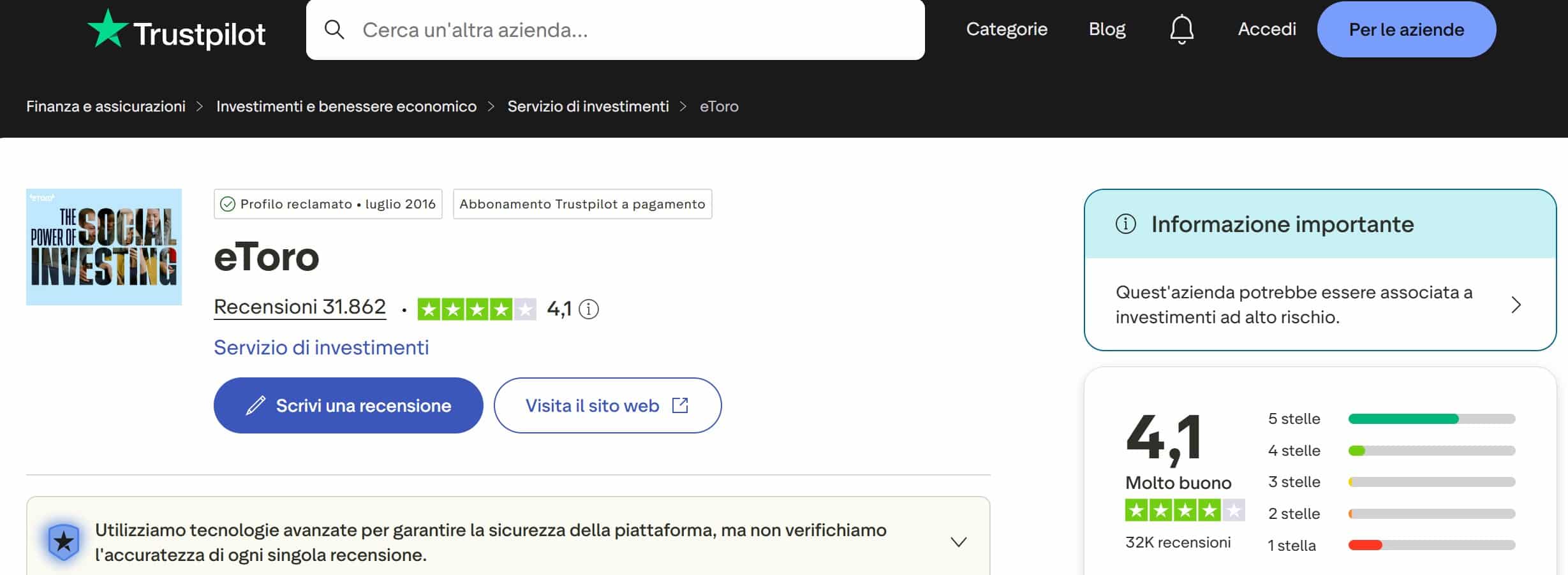 PAC eToro su TrustPilot - opinioni e recensioni