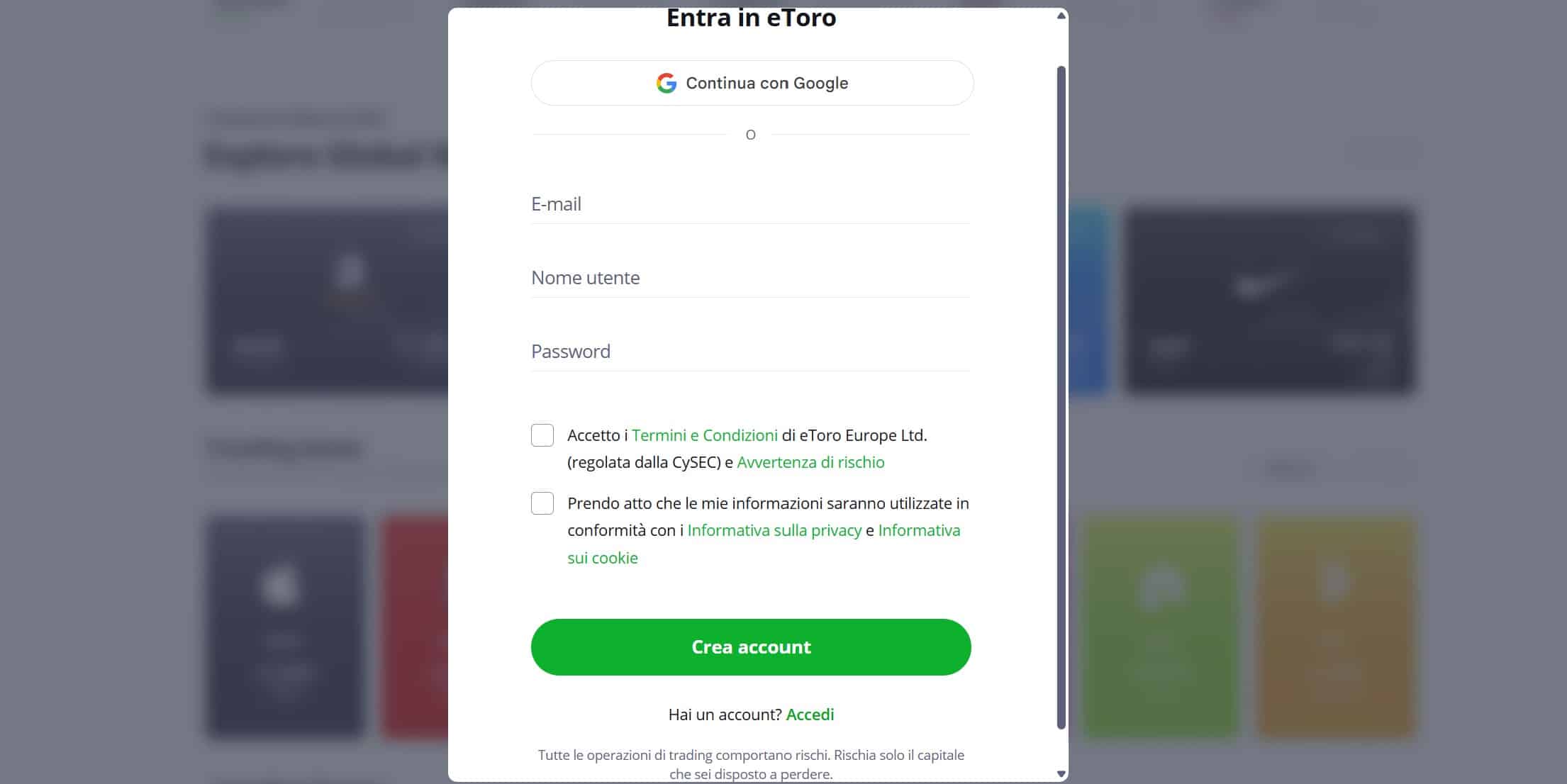 eToro PAC - prima fase: registrazione