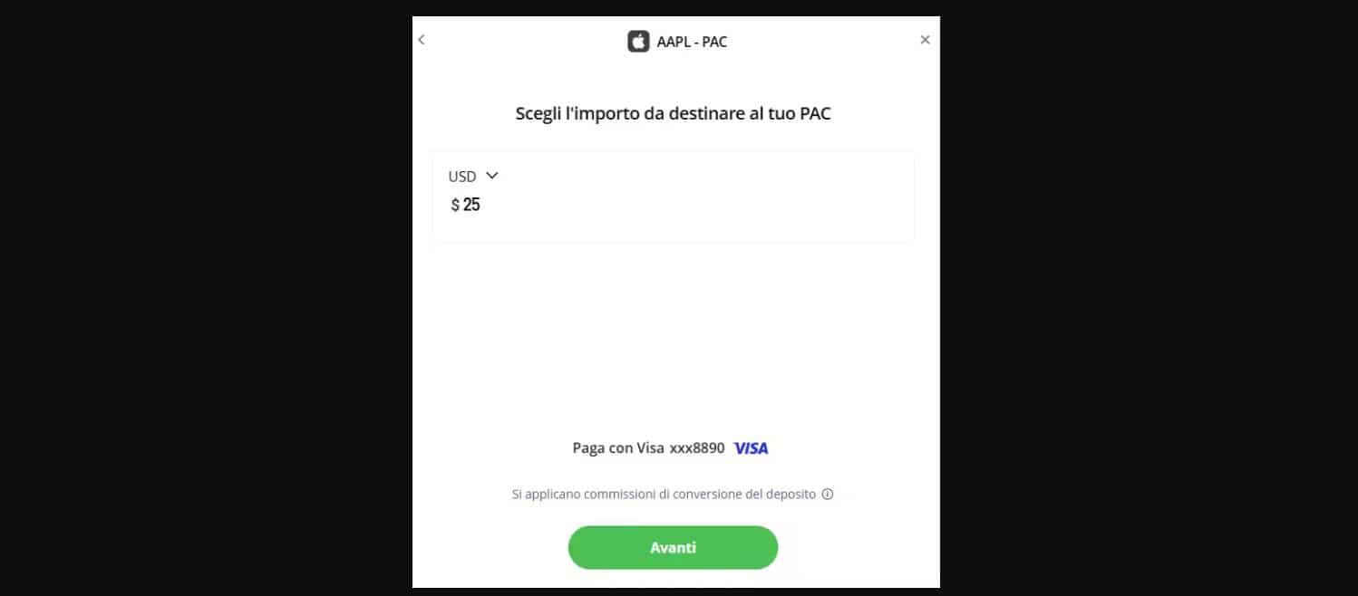 eToro PAC - quarta fase: scelta dell'importo da versare