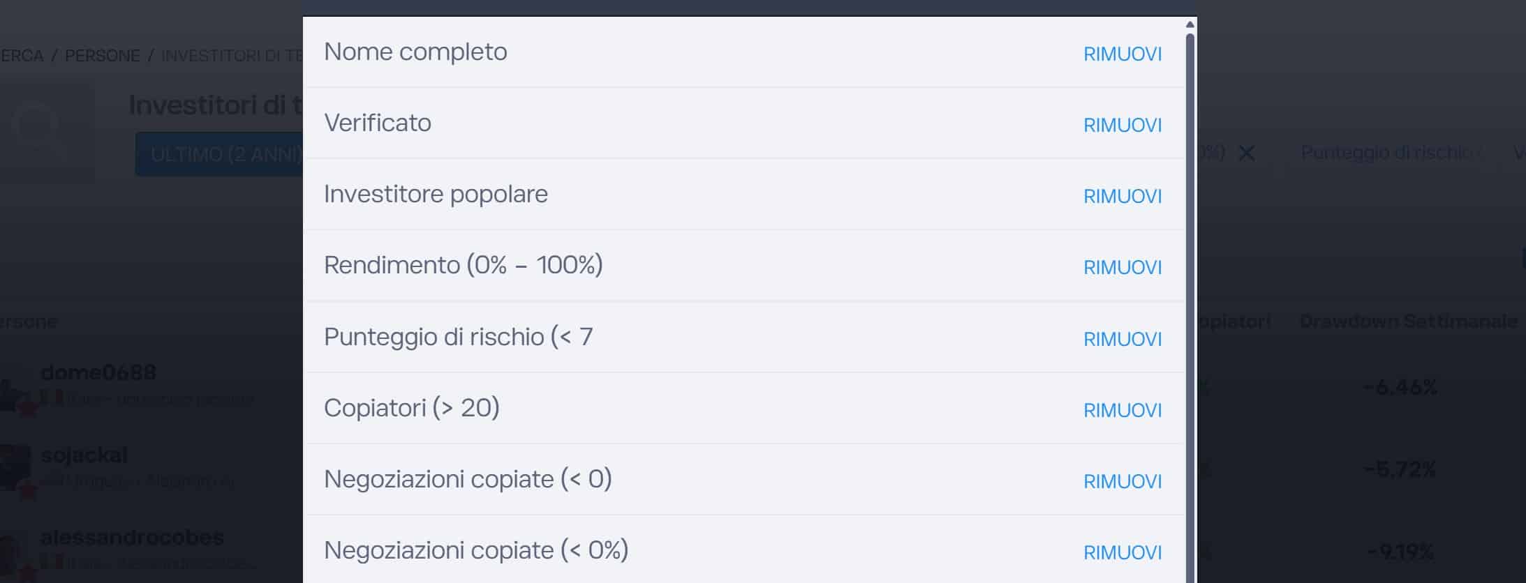 Filtri Popular Investor - eToro