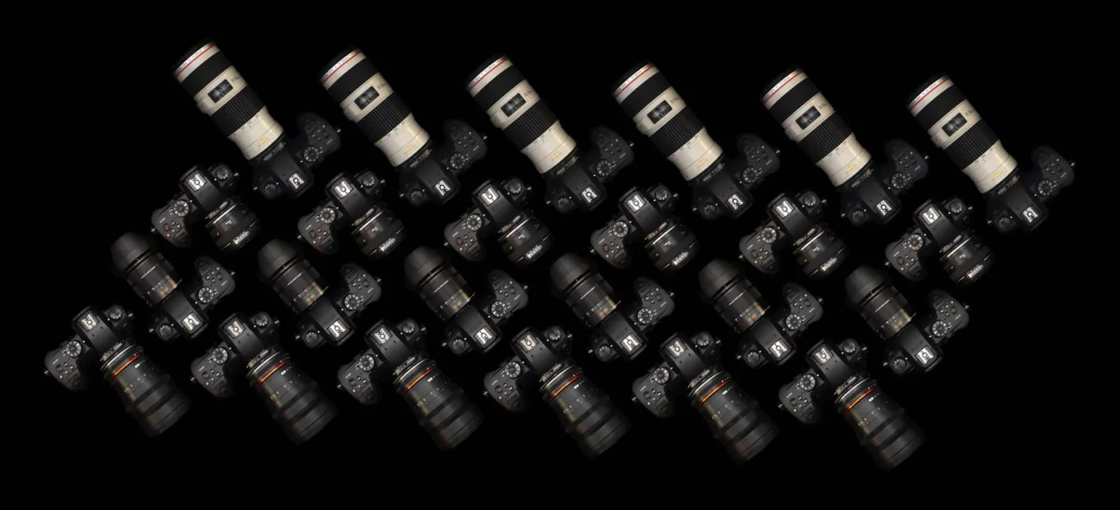 Top view of multiple DSLR cameras with lenses on a black surface. Perfect for tech and photography themes.
