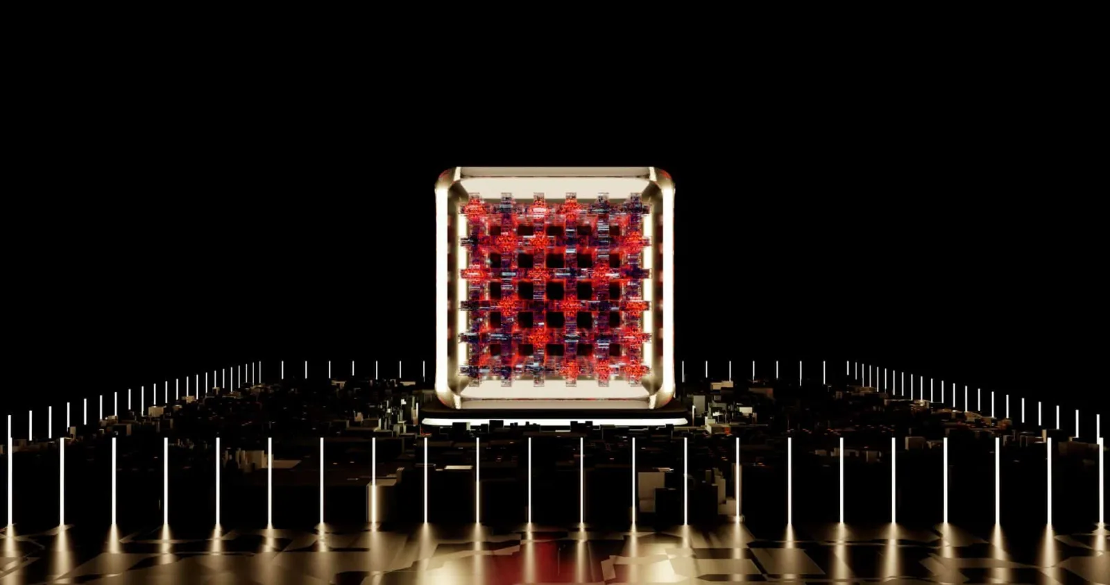 Abstract representation of a futuristic digital processor with glowing elements.